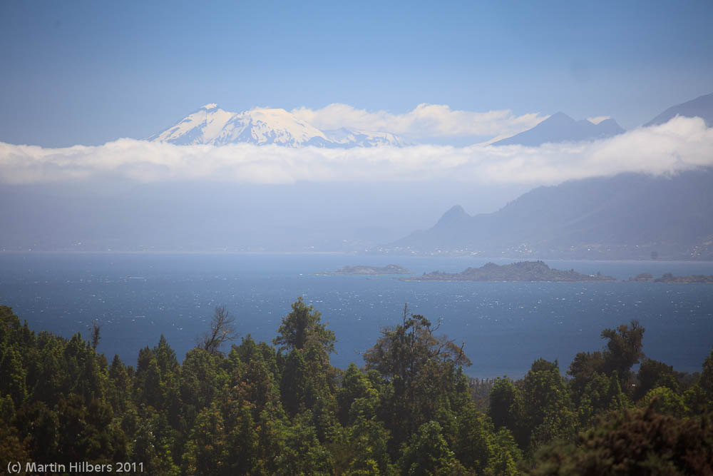 Carretera Austral: 10/01 Hornopiren - Puerto Montt / View towards Puerto Montt with Calbuco volcano beyond. Click to see full size image