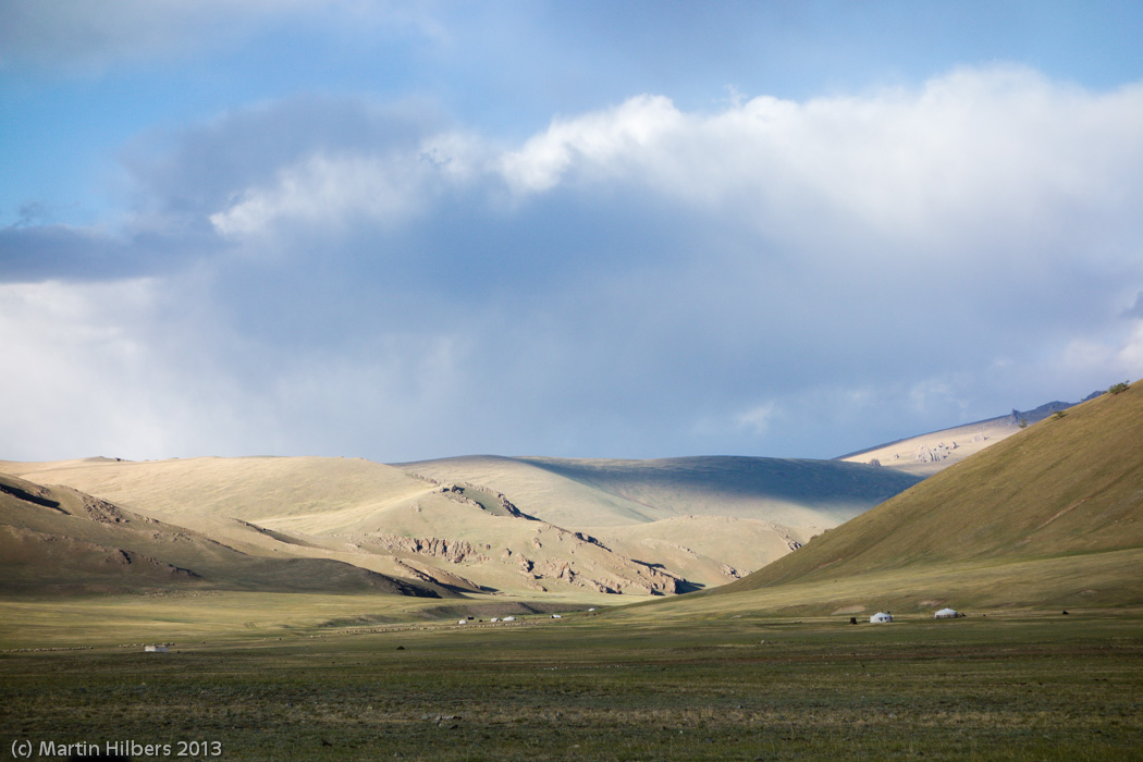 Mongolia: 12/6 Khangai Mountains Pass - Erdenetsogt / View from camp. Click to see full size image
