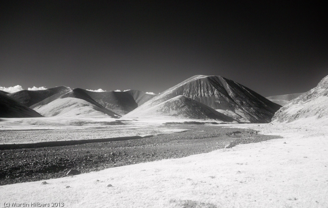 Mongolia: 12/6 Khangai Mountains Pass - Erdenetsogt / Mountain view near camp (deep IR). Click to see full size image